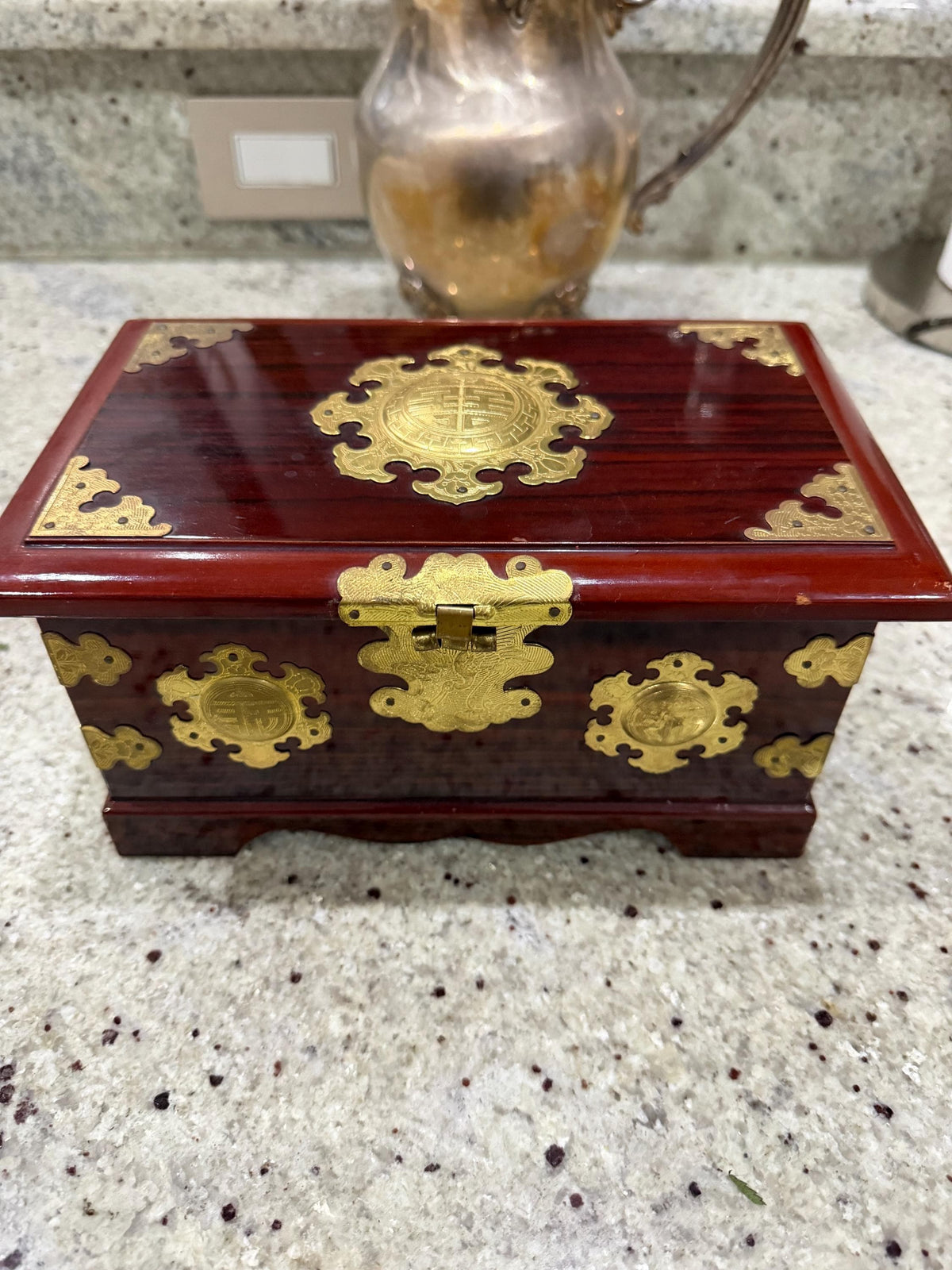 Chinoiserie Wood Jewelry Box with Ornate Gold Tone Hardware, Red Lined Interior, Decorative Keepsake Chest