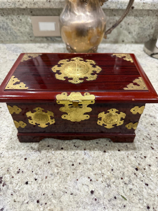 Chinoiserie Wood Jewelry Box with Ornate Gold Tone Hardware, Red Lined Interior, Decorative Keepsake Chest