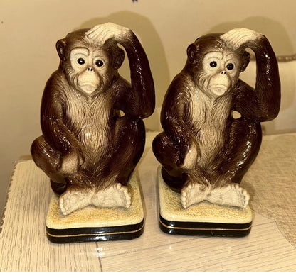 Takahashi Vintage Monkey Bookends, Pair of Brown Ceramic Monkeys with Crackle Glaze, Decorative Library Shelf Decor 1970