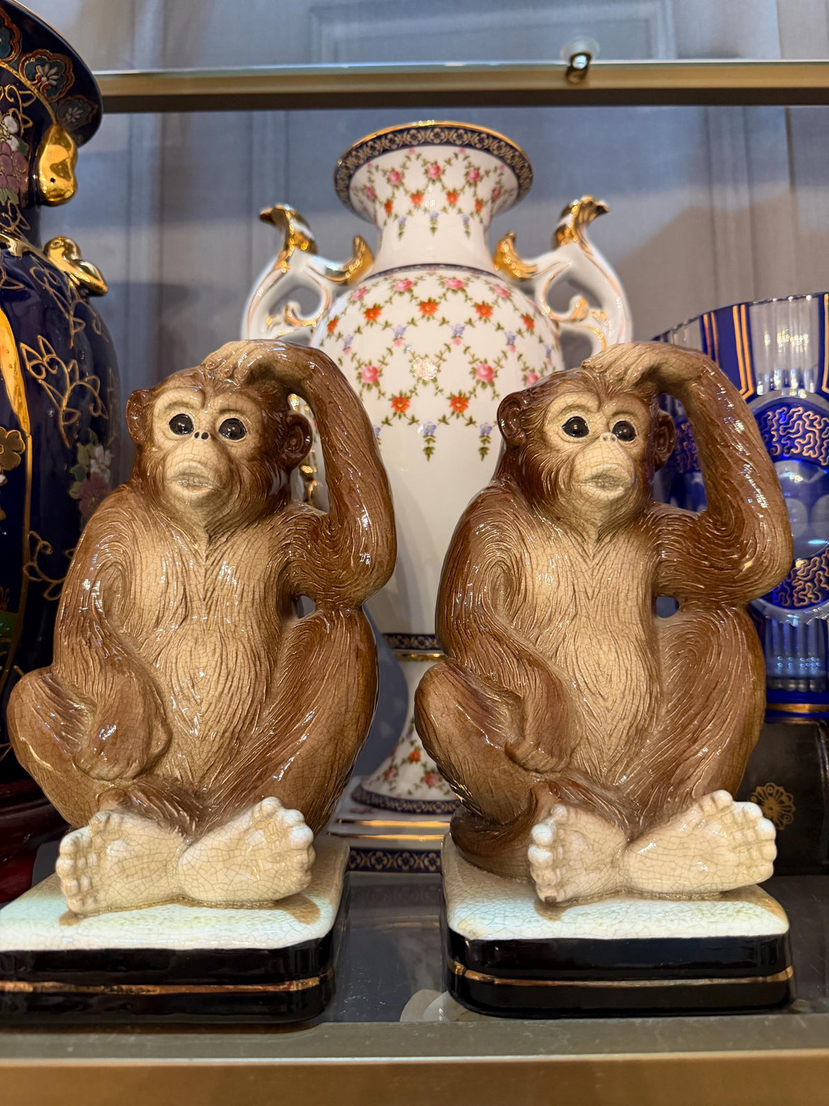 Takahashi Vintage Monkey Bookends, Pair of Brown Ceramic Monkeys with Crackle Glaze, Decorative Library Shelf Decor 1970