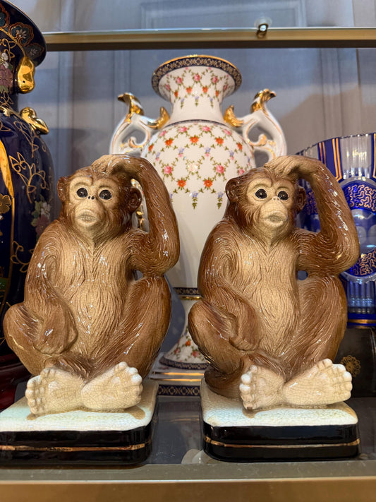 Takahashi Vintage Monkey Bookends, Pair of Brown Ceramic Monkeys with Crackle Glaze, Decorative Library Shelf Decor 1970