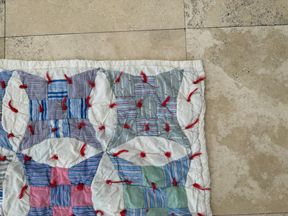 Vintage Glorified Nine Patch Quilt, Blue & Pink Scrappy Patchwork, Red Yarn Tied Coverlet, 59.5 x 72 Inches