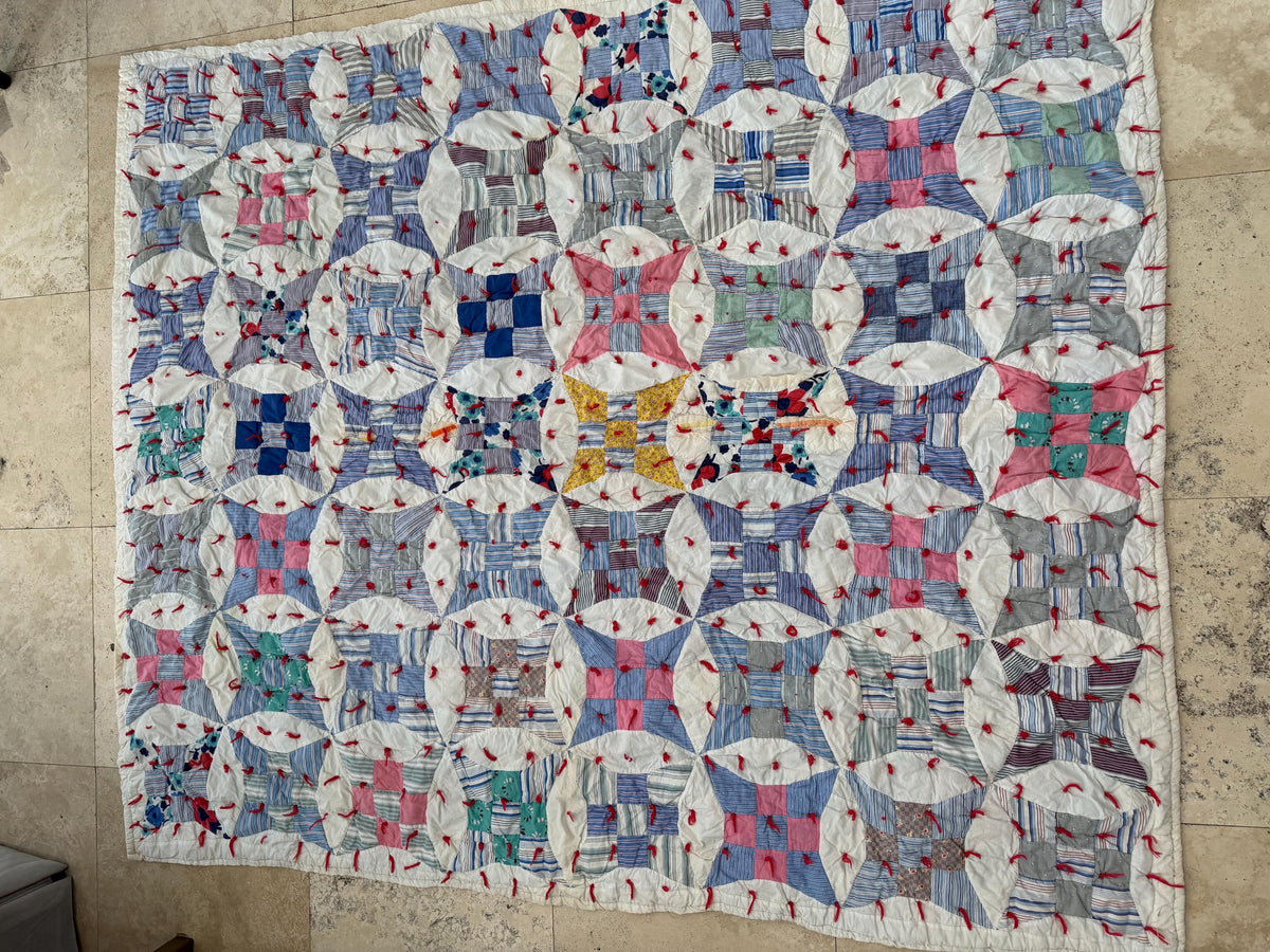 Vintage Glorified Nine Patch Quilt, Blue & Pink Scrappy Patchwork, Red Yarn Tied Coverlet, 59.5 x 72 Inches