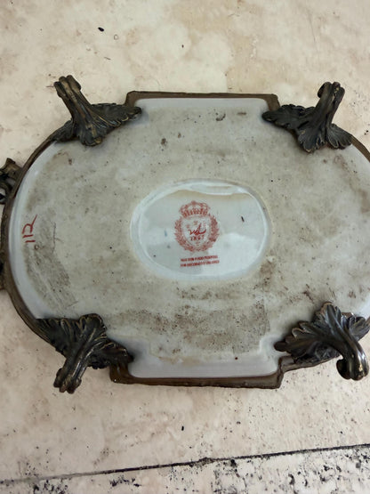 Wong Lee Yellow Porcelain Trinket Dish with Birds, Ornate Metal Handles & Feet, Decorative Jewelry Tray