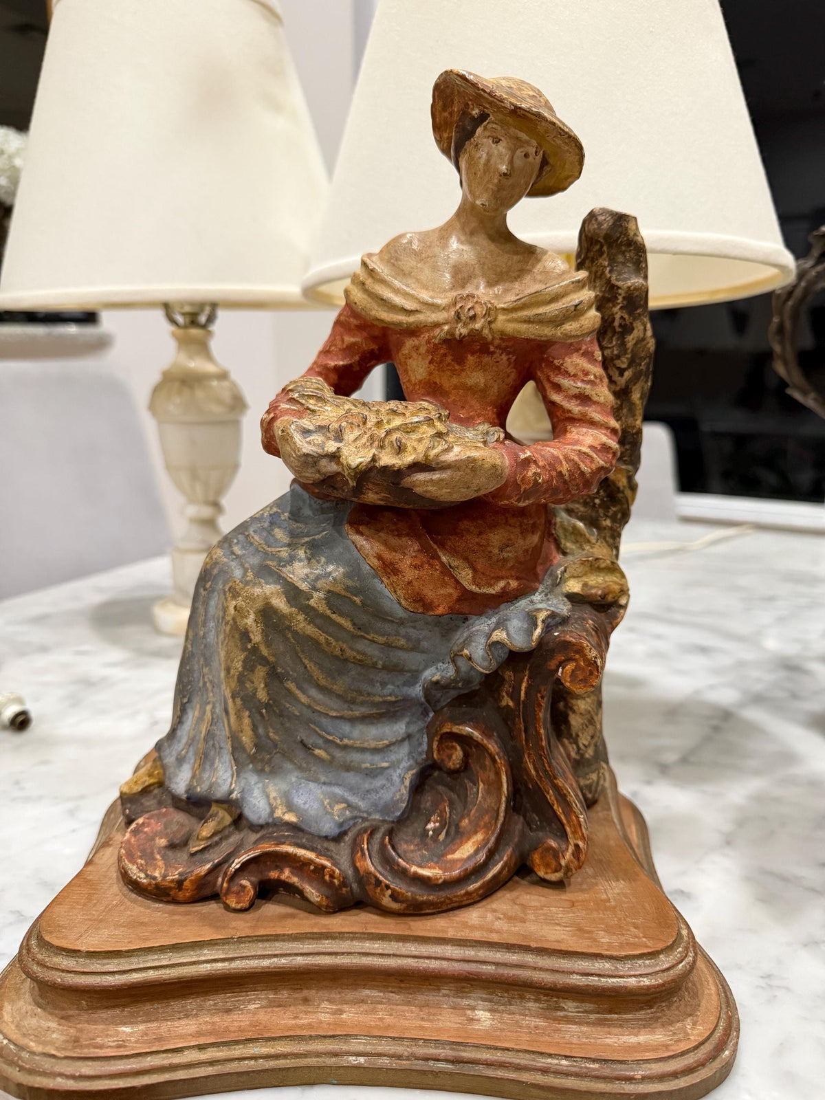 Vintage Italian Florentine Style Lady Figurine, Seated Woman with Flowers, Painted Figure on Wooden Base, Made in Italy
