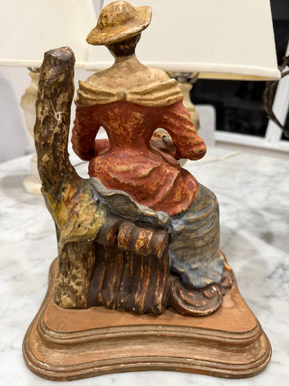 Vintage Italian Florentine Style Lady Figurine, Seated Woman with Flowers, Painted Figure on Wooden Base, Made in Italy