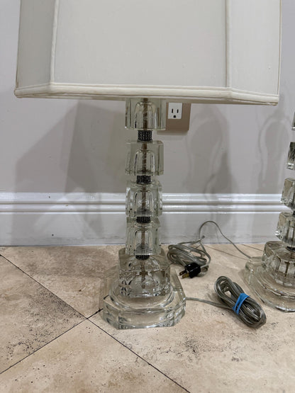 Pair of Vintage Stacked Glass Table Lamps, Etched Botanical Cube Columns, Clear Glass Lamps, Hollywood Regency Style Lighting