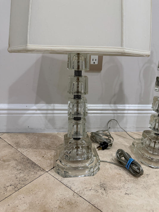Pair of Vintage Stacked Glass Table Lamps, Etched Botanical Cube Columns, Clear Glass Lamps, Hollywood Regency Style Lighting