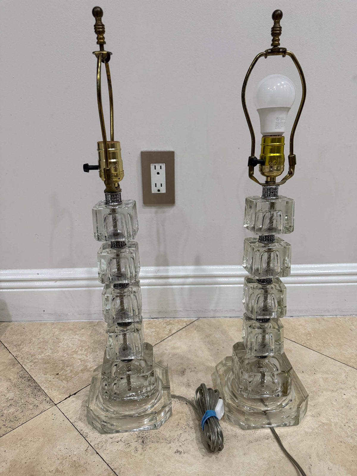 Pair of Vintage Stacked Glass Table Lamps, Etched Botanical Cube Columns, Clear Glass Lamps, Hollywood Regency Style Lighting