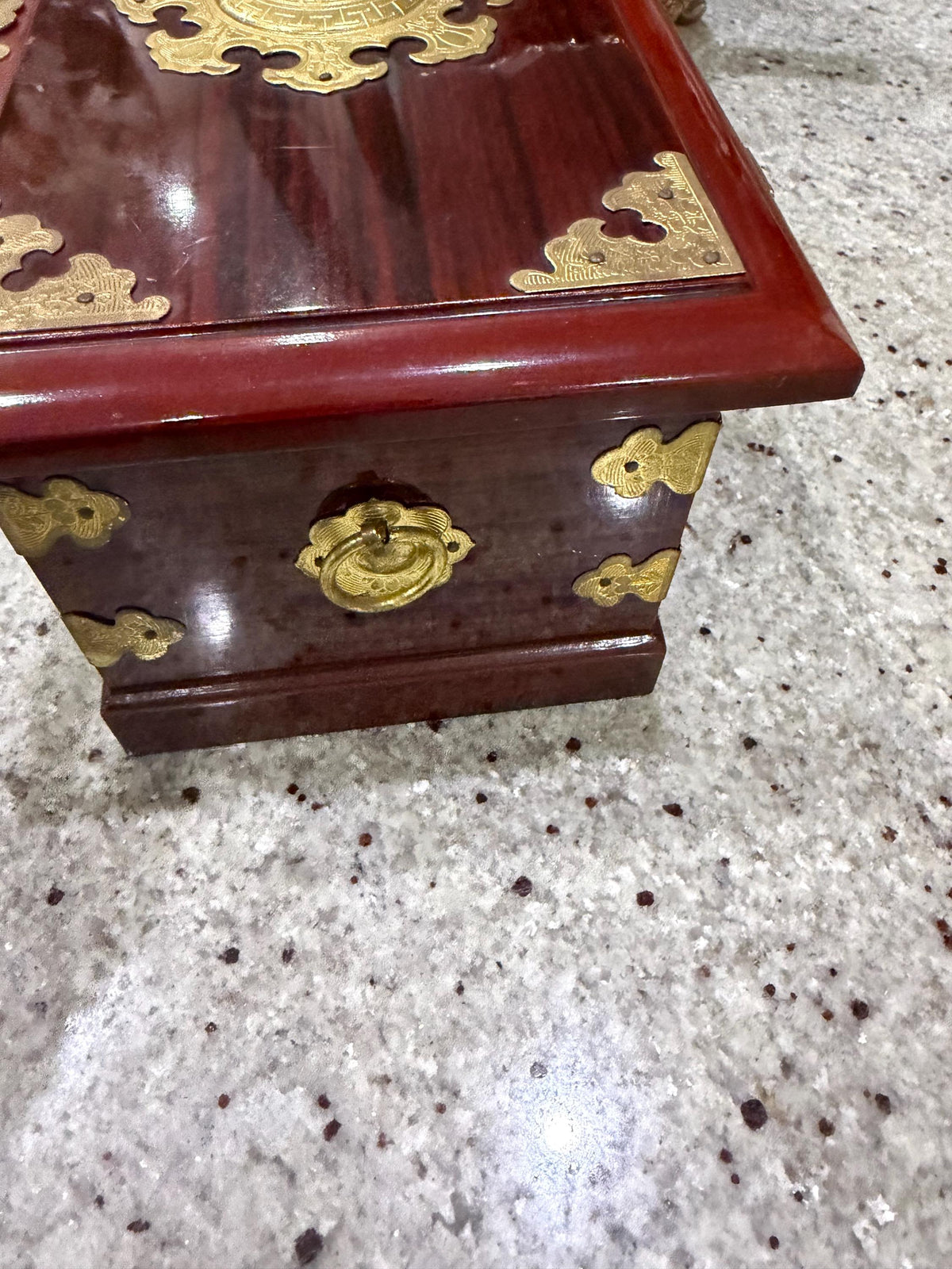 Chinoiserie Wood Jewelry Box with Ornate Gold Tone Hardware, Red Lined Interior, Decorative Keepsake Chest