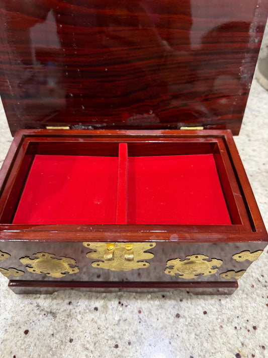 Chinoiserie Wood Jewelry Box with Ornate Gold Tone Hardware, Red Lined Interior, Decorative Keepsake Chest