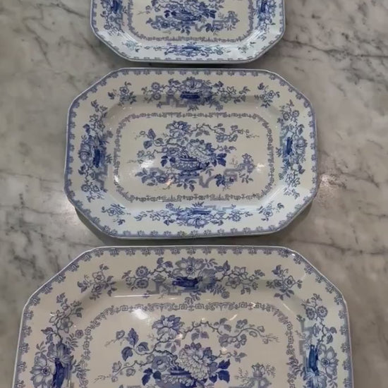 Antique Ashworth Ironstone Graduated Platters Set of 4 Blue and White Transferware Chinoiserie Serving Dishes, England c. 1875
