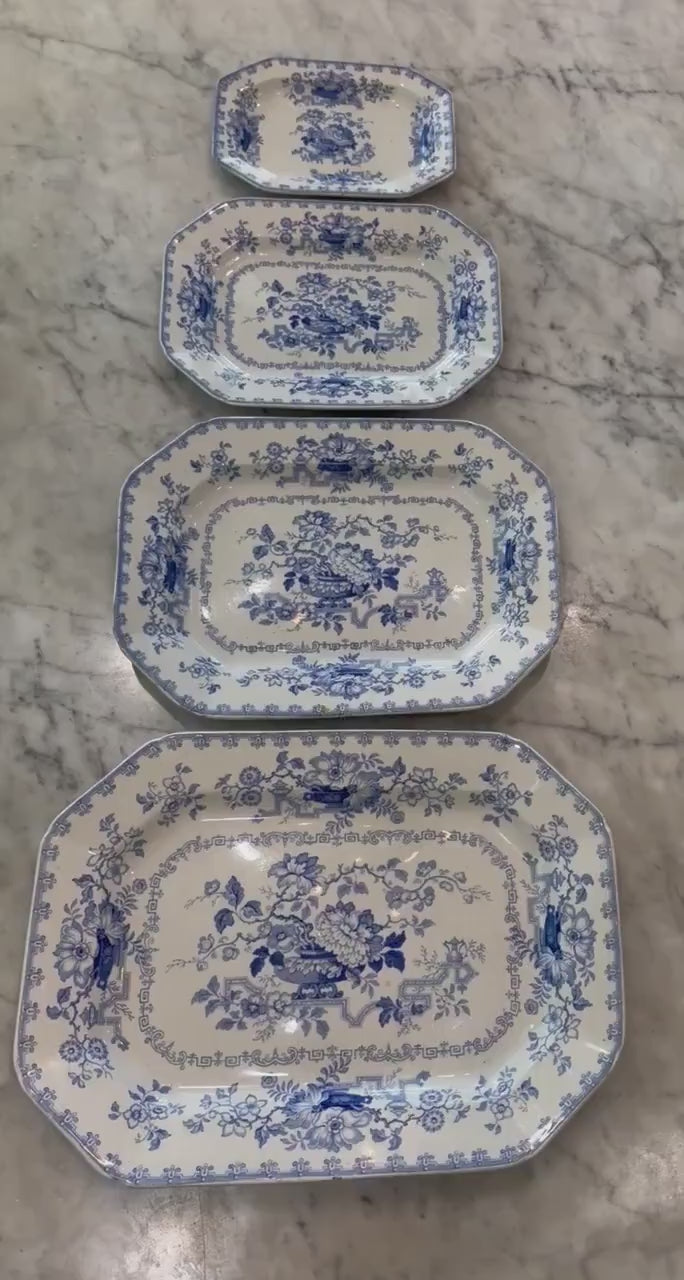 Antique Ashworth Ironstone Graduated Platters Set of 4 Blue and White Transferware Chinoiserie Serving Dishes, England c. 1875