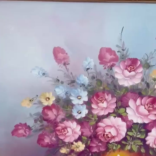 Floral oil on board gold frame signed Cox Gold gilded frame stunning piece