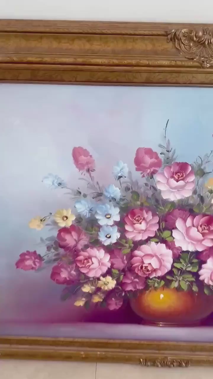 Floral oil on board gold frame signed Cox Gold gilded frame stunning piece