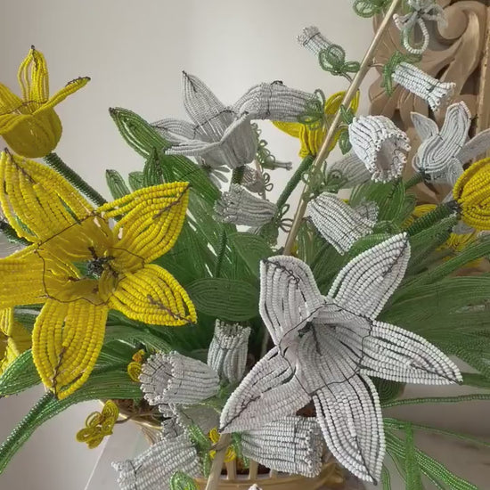 Vintage hand beaded flower arrangement Vista Alegre footed cache pot jardinare with floral arrangement