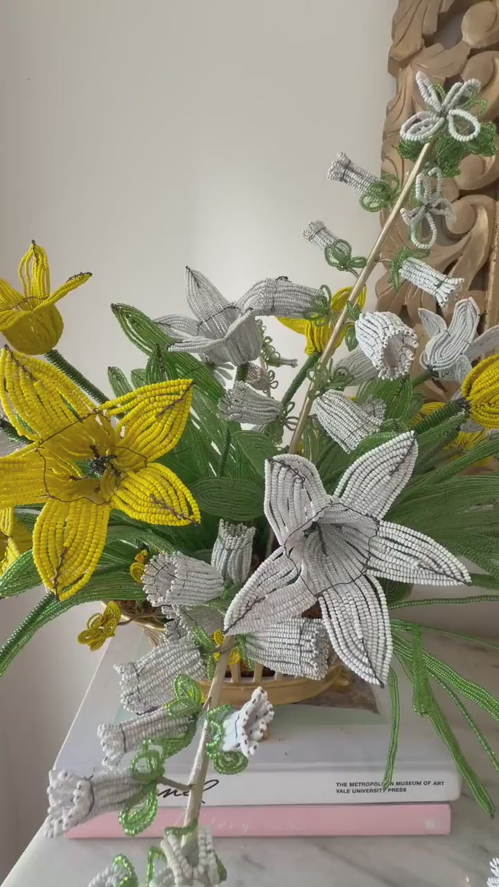 Vintage hand beaded flower arrangement Vista Alegre footed cache pot jardinare with floral arrangement