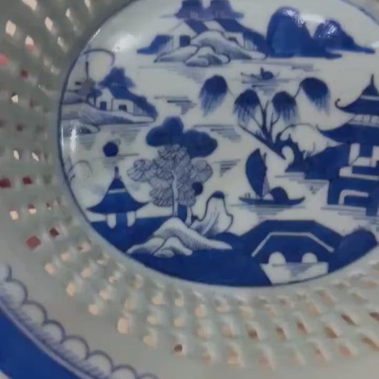 Antique Blue Willow Chestnut Bowl reticulated Blue Willow bowl
