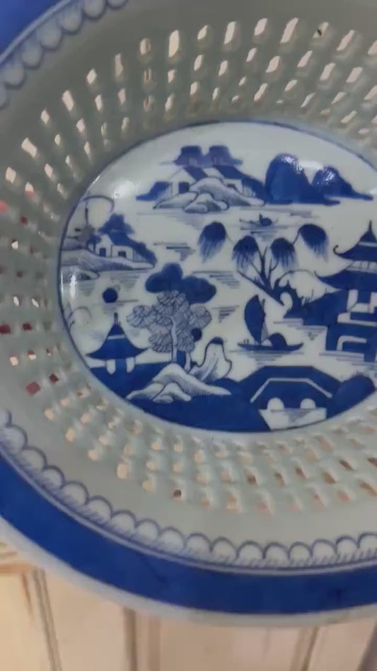 Antique Blue Willow Chestnut Bowl reticulated Blue Willow bowl