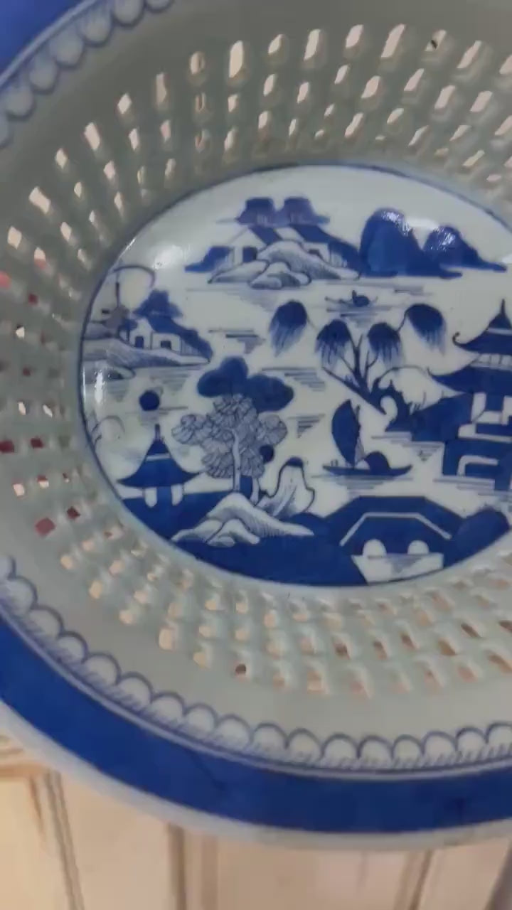 Antique Blue Willow Chestnut Bowl reticulated Blue Willow bowl