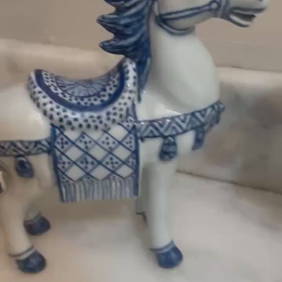 Asian Horses Blue White Set of Chinese Horses book ends figures