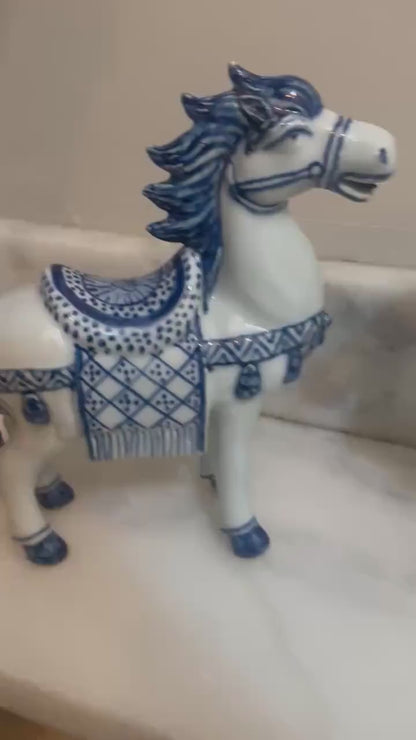 Asian Horses Blue White Set of Chinese Horses book ends figures