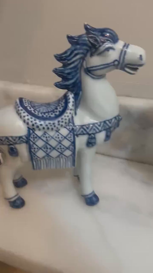Asian Horses Blue White Set of Chinese Horses book ends figures