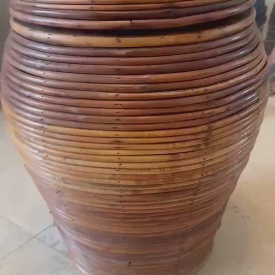 pencil reed floor vase basket lidded jar wood lined 1970