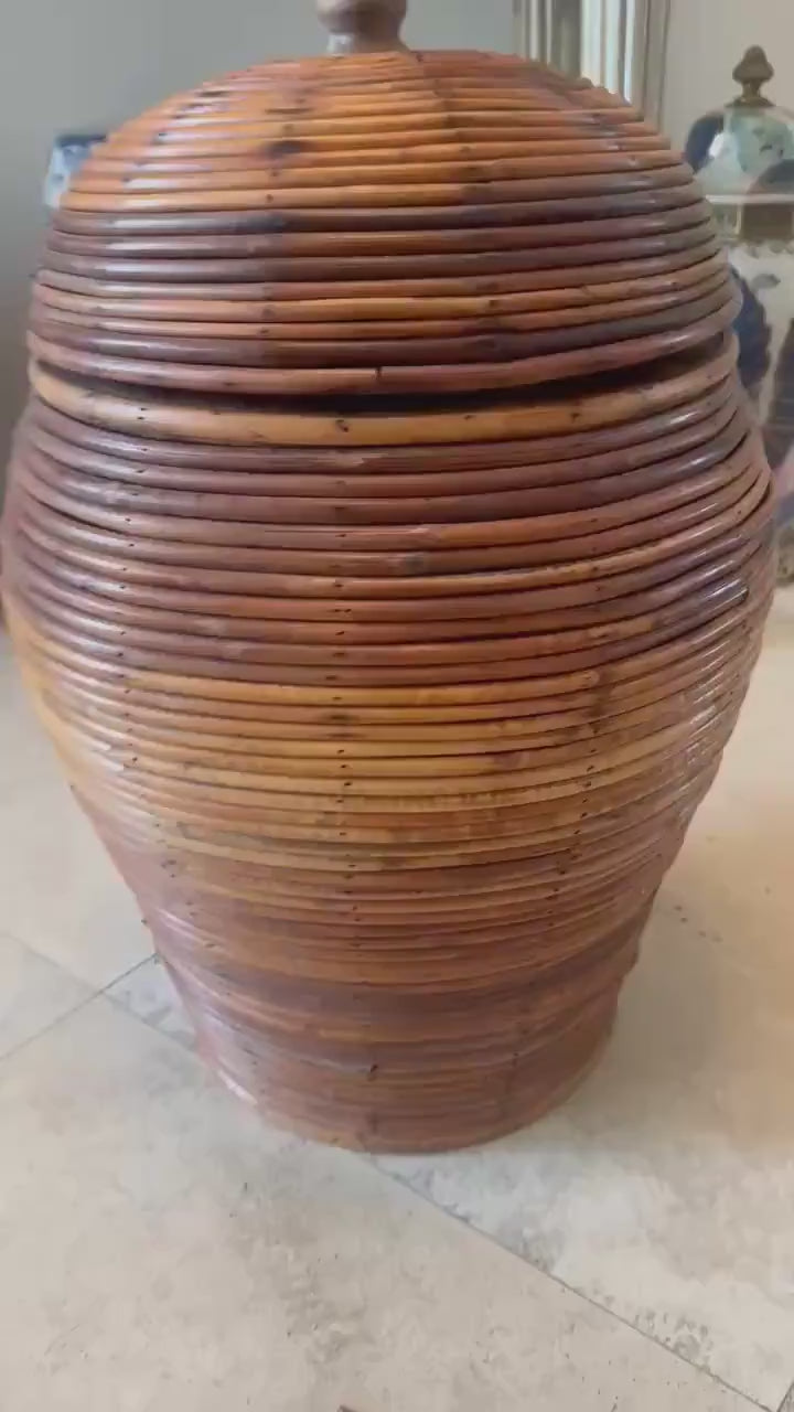 pencil reed floor vase basket lidded jar wood lined 1970