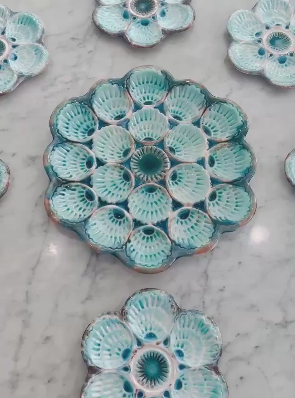 French Majolica Oyster Set of 7 plates Instant oyster Plate Wall Turquoise Oyster Plate Set