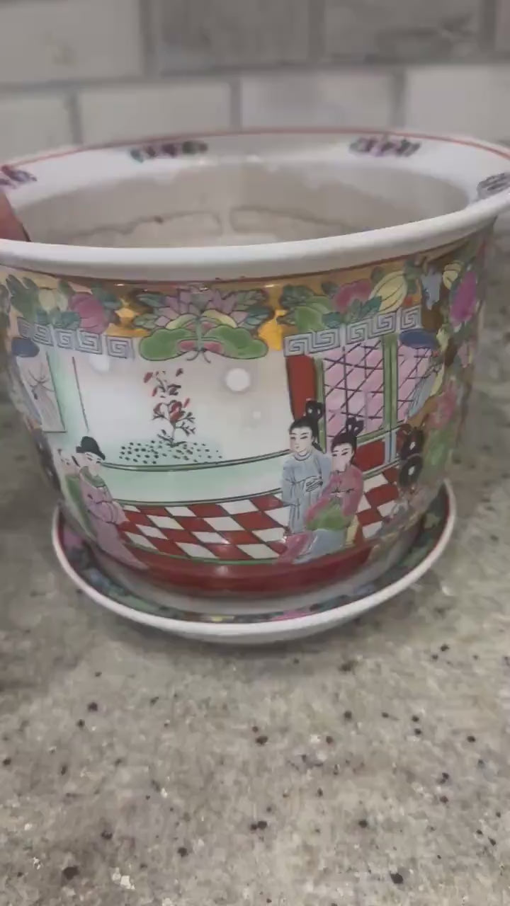 Rose Medallion Planter with drip plate 9 inch vintage planter rose famille