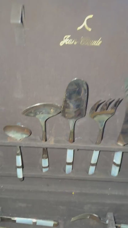 Mother of pearl vintage flatware 84 piece set with original wood case mother of pearl and gold flatware plus hostess pieces