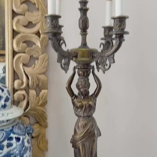 Vintage Bronze Figural Caryatid Table Lamp | Hollywood Regency 4 arm  Candelabra Lamp | Neoclassical Empire Goddess Lighting PAIR