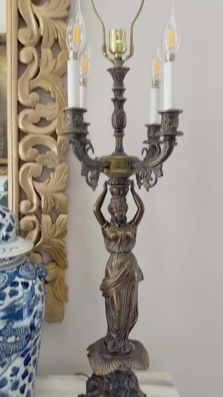 Vintage Bronze Figural Caryatid Table Lamp | Hollywood Regency 4 arm  Candelabra Lamp | Neoclassical Empire Goddess Lighting PAIR