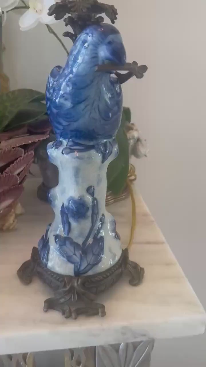 Antique Bird Lamp Porcelain and Bronze Blue Porcelain lamp