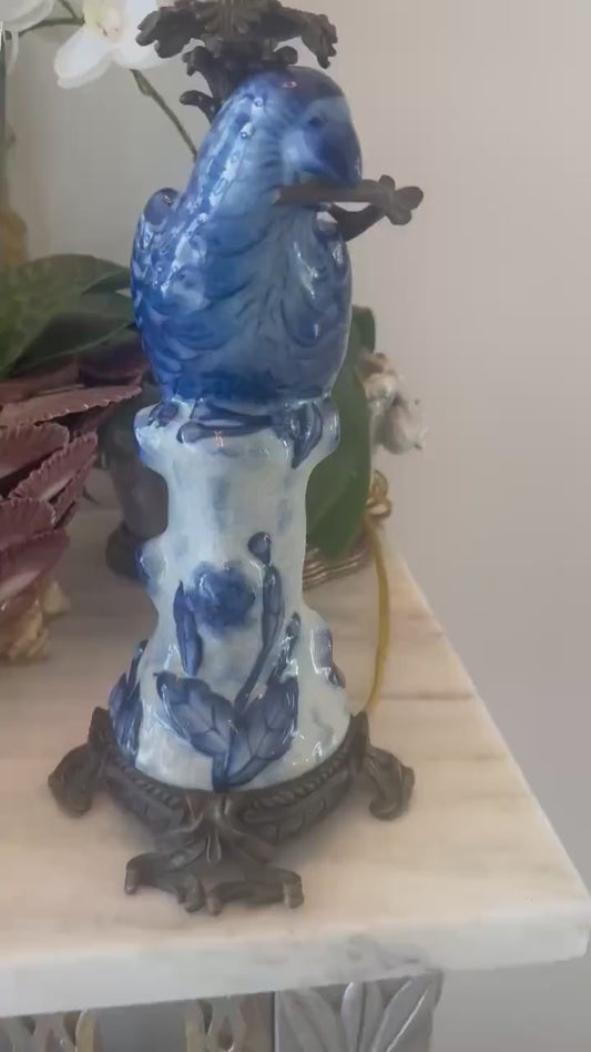 Antique Bird Lamp Porcelain and Bronze Blue Porcelain lamp
