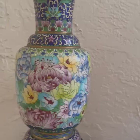 Antique Cloisonné vase with teak stand Porcelain over brass vase gorgeous Famille rose print vases