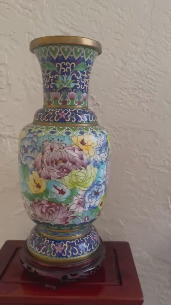 Antique Cloisonné vase with teak stand Porcelain over brass vase gorgeous Famille rose print vases