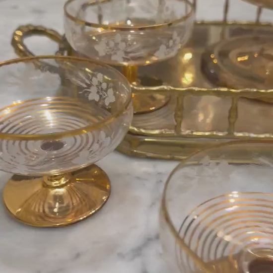 vintage glass gold edged punch bowl with ladle and 6 cups