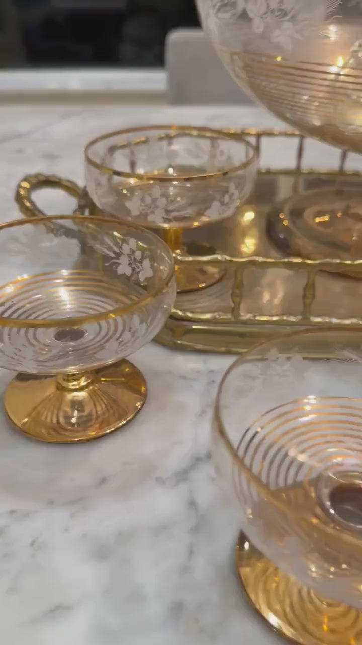 vintage glass gold edged punch bowl with ladle and 6 cups
