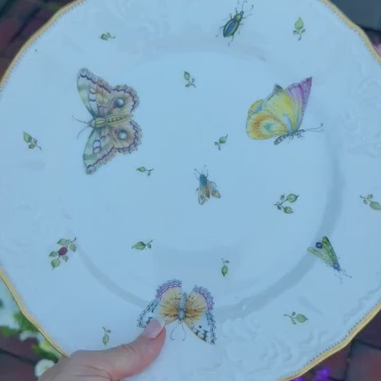 Anna Weatherley Hand Painted Butterfly Plate, Bernadotte Porcelain, Hungary, Gilt Botanical Insect Decorative Plate