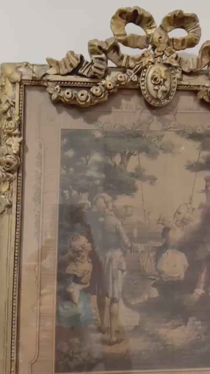 Antique French Trumeau Mirror with Romantic Engraving Gilt Bow Crest