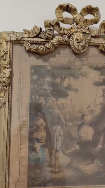 Antique French Trumeau Mirror with Romantic Engraving Gilt Bow Crest