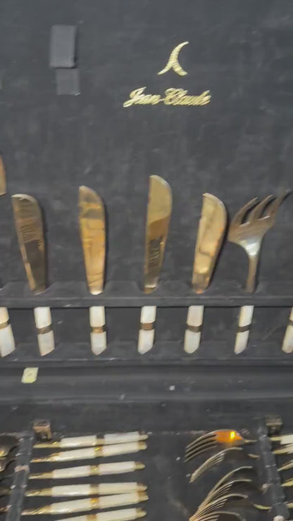 Mother of pearl vintage flatware 116 piece set with original wood case mother of pearl and gold flatware plus hostess pieces