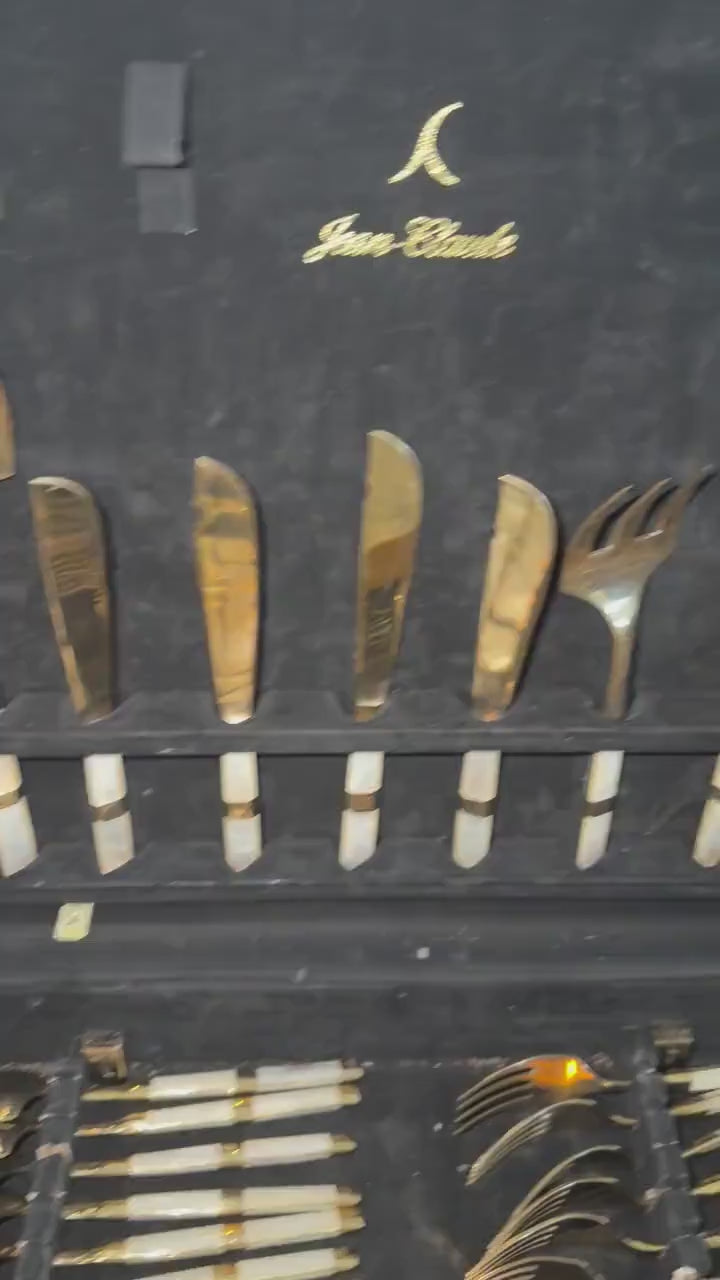 Mother of pearl vintage flatware 116 piece set with original wood case mother of pearl and gold flatware plus hostess pieces