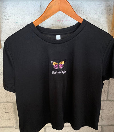 Butterfly Crop Top Shirt / Embroidered Butterfly Black Crop Shirt /