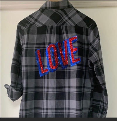 Love Flannel Button Up Flannel Shirt with sequin back