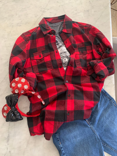 Girls Youth Minnie Mouse Buffalo Plaid Flannel Shirt, Minnie Bow Shirt, Minnie Mouse Long Sleeve
