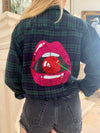 Cherry Bite Lips Flannel shirt, Black Watch Plaid Flannel layering shirt, Sequin Flannel Shirt