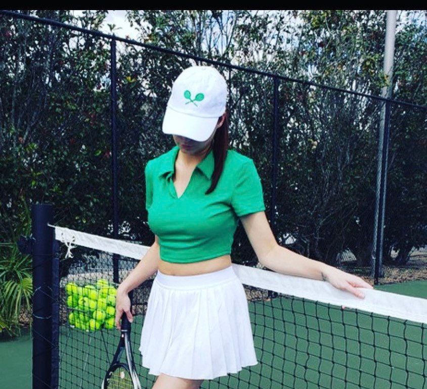 Tennis Hat, Embroidered Tennis Hat , Pink Tennis Court Hat , White Tennis Hat with green racquets